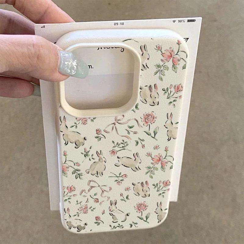 Cute Bunny Pink Floral Lichee Leather Pattern Phone Case For Vivo X200 Y31 Y400 Y39 Y29 Y19 Y04 Y19S Y28 Y03 Y27 Y17S Y78 4G 5G