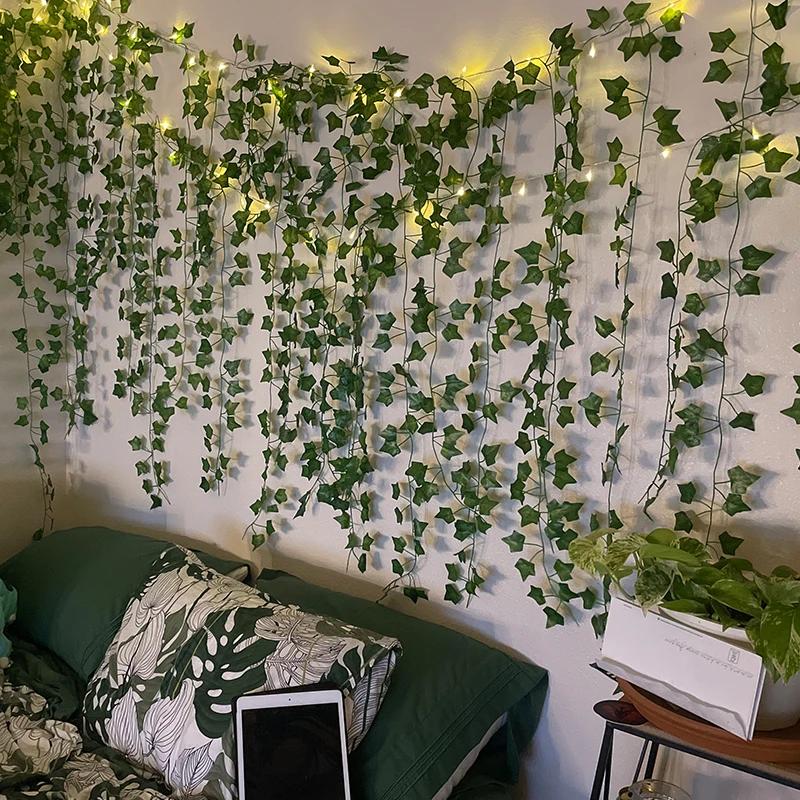 2M Seidenblätter Künstliche Kletterpflanze Grünes Blatt Efeu Ranke LED Lichterkette für Zuhause Hochzeit Hängende Girlande Künstliche Pflanzen Dekoration