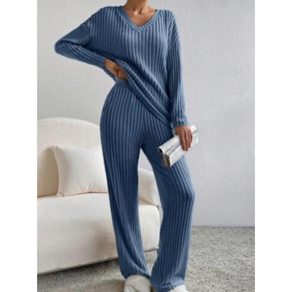Women's Loose Knit Loungewear Set Long Sleeve V Neck Top Elastic Waist Wide Leg Pants