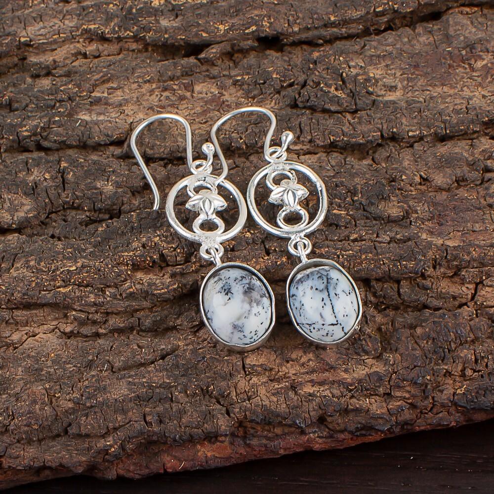 Dendritic Opal Gemstone 925 Sterling Silver Jewelry Handmade Boho Earrings 2.00" EE-17-22