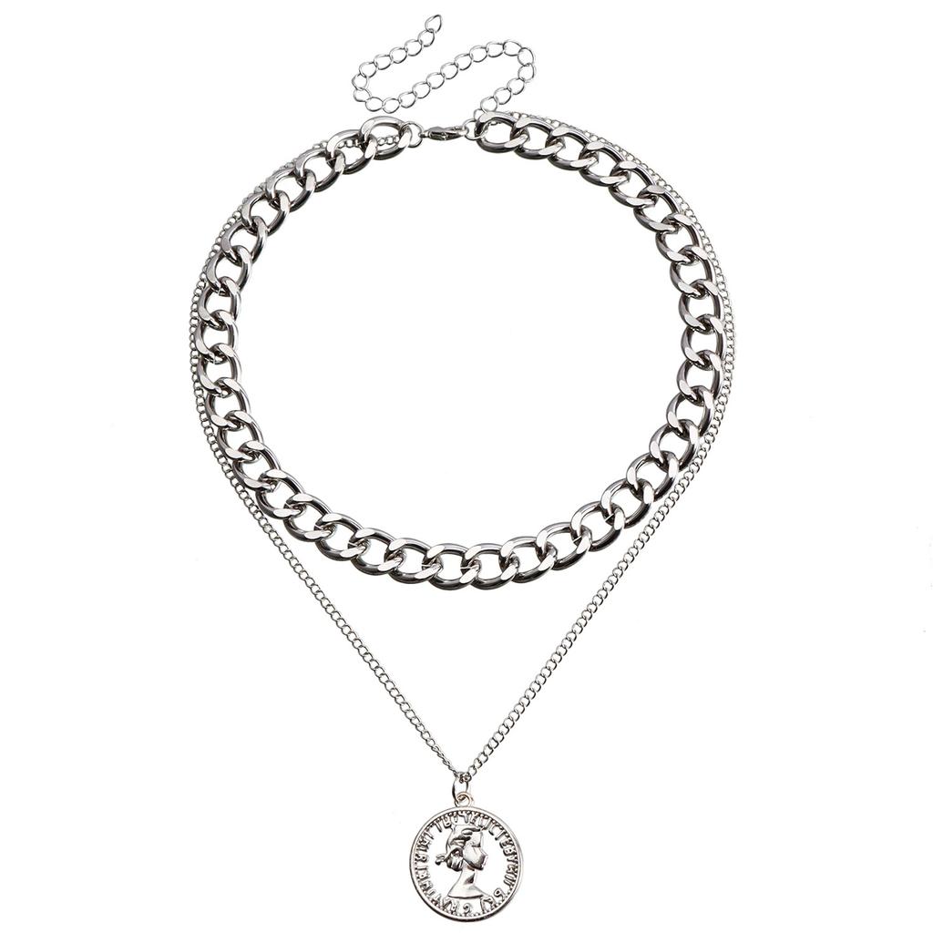 Hip-Hop Hipster Street Shot, Double-Layer Geometric Exaggeration Thick Aluminum Chain Beautiful Head Simple Portrait Coin Necklace Woman