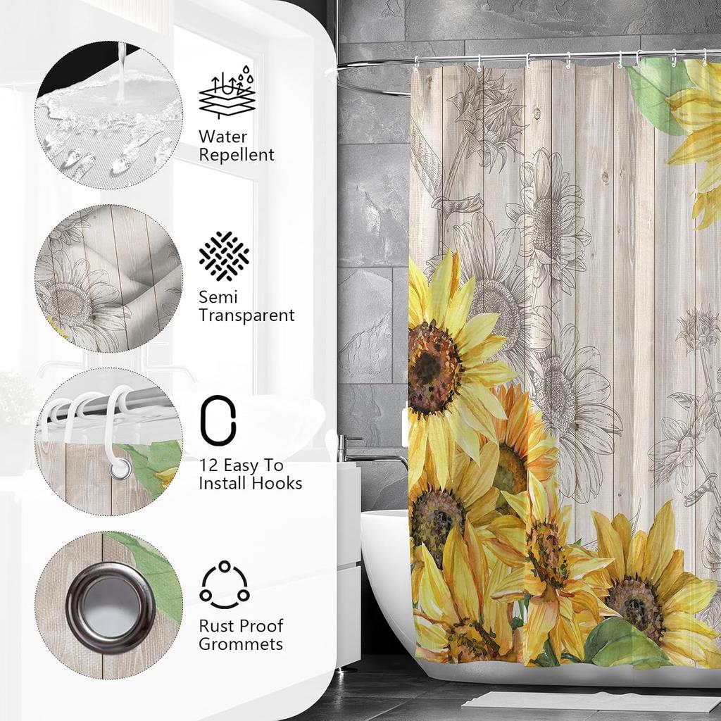 Sunflower Bathroom Sets with Shower Curtain and Rugs -Flower, 4-Piece Shower Curtain Sets with Rugs, Memory Foam Toilet Lid Cover, and Non-Slip