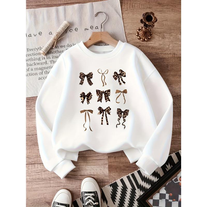 European sizes Kids  Bow Print Round Neck Sweatshirt, Comfortable Knit Round Neck Top for Kids - Soft, Long Sleeve, Casual Style 110 белый
