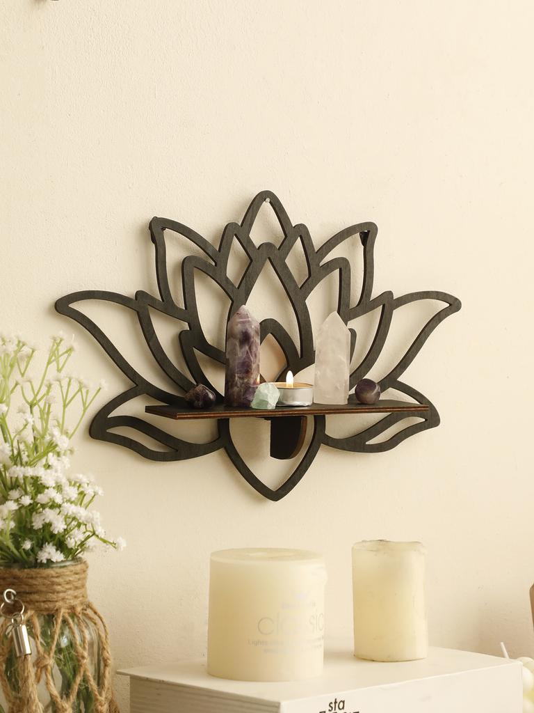 Lotus Wood Shelf Black Corner Shelf Display Stand Crystal Stone Essential Oil Wall Organizer Room Decors Aesthetic Home Decor