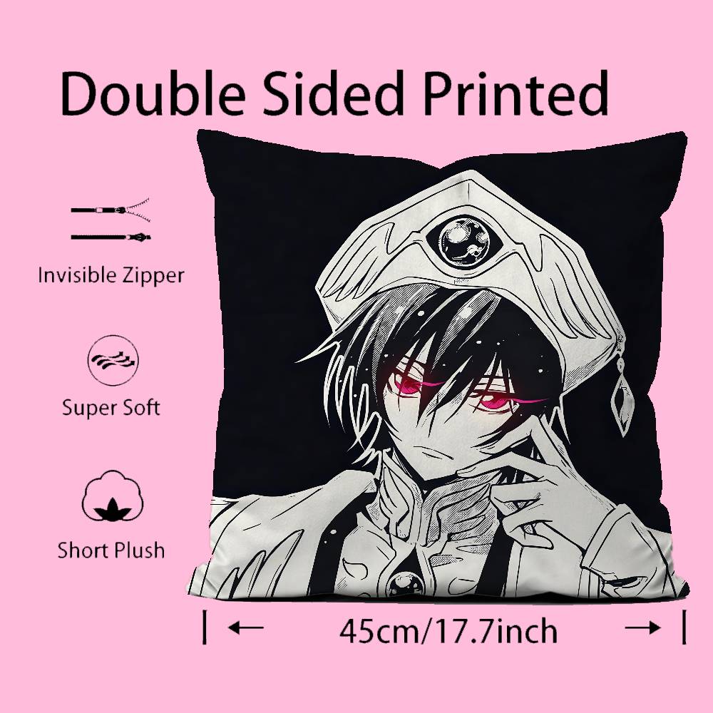 Classic Anime Code Geass Pillow Case Anti-Dustmite Pillowcase Invisible Zipper Silky Short Plush Sofa Cushion Cover