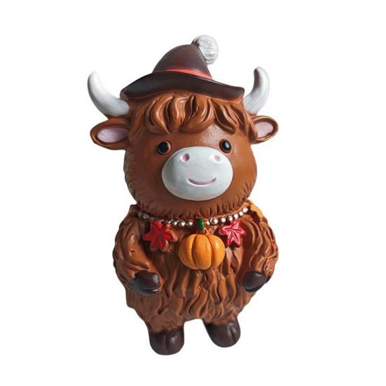 Christmas Highland Cattle Statue Thanksgiving Day Pumpkin Highland Cow Figurine Sculpture Home Office Desktop Decoration Ornament