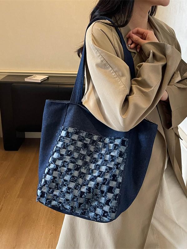 Winter 2025 Plaid Washed Denim Embroidered Handbag - Large Capacity Shoulder Bag