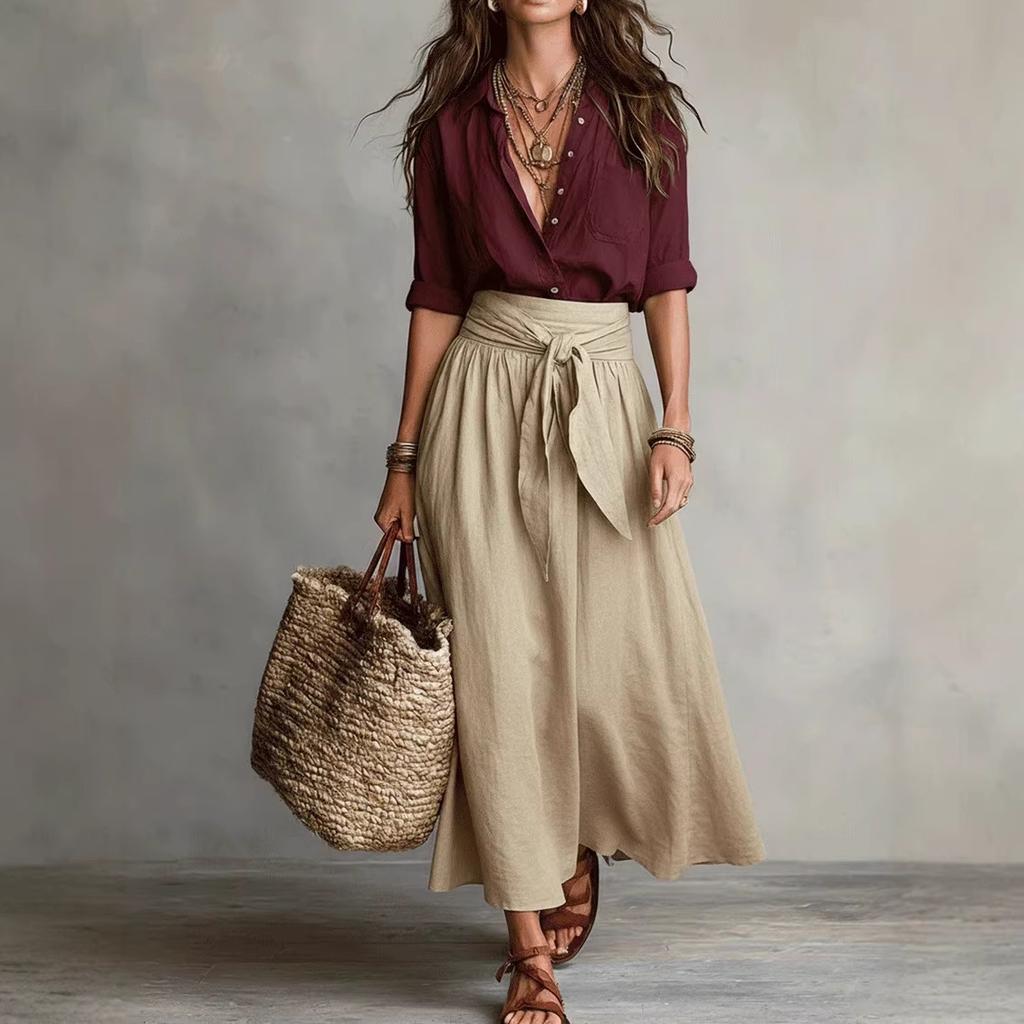 Black Short Sleeve Shirt and Green Tie Waist A-Line Skirt Set