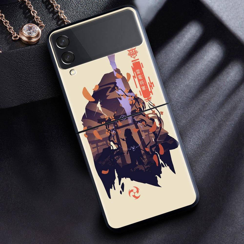 

Чехол для Samsung Galaxy Z Flip 3 4 5G, черный жесткий корпус для телефона из ПК Z Flip4, роскошный сегментированный чехол в стиле аниме Genshin Impact, милый Samsung Z Flip 4