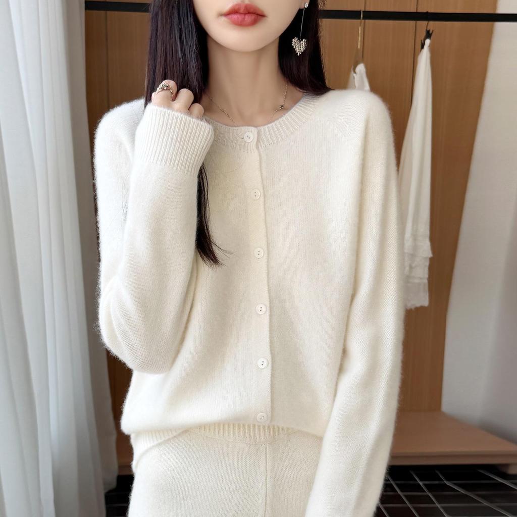 Autumn/Winter Pure Wool Seven-Stitch Crew Neck Cardigan - Thick, Long Sleeve, Solid Color, Skin-Friendly Knit Sweater