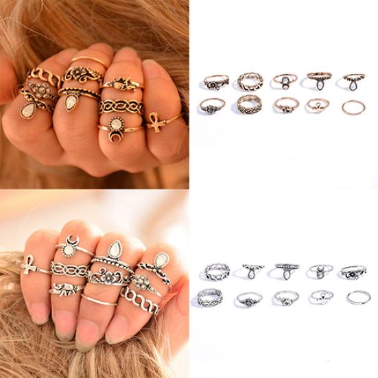 10Pcs Elephant Moon Flower Rhinestone Women Vintage Above Knuckle Midi Ring Set