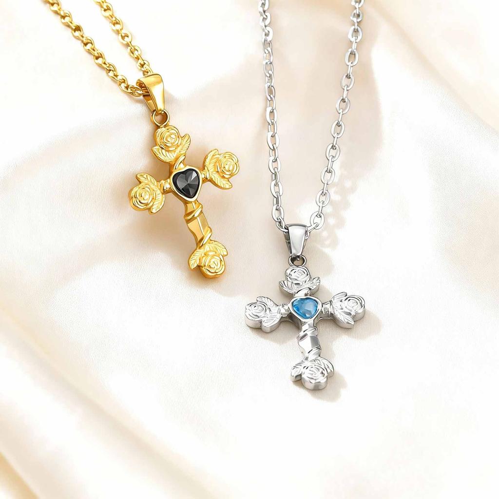 Stainless Steel Rose Cross Pendant Necklace for Women, Heart Shape Rhinestone Hypoallergic Jewelry, Valentine's Birthday