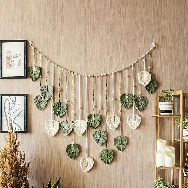 Boho bytové dekorace, makramé tapiserie makramé list peří nástěnná dekorace do obývacího pokoje ložnice, boho nástěnné umění bytové dekorace