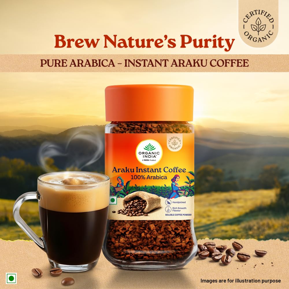 ORGANIC INDIA Araku Instant Coffee 50g Pack Of 1, Premium Arabica Beans, Smooth Fruity Chocolaty Medium Roast