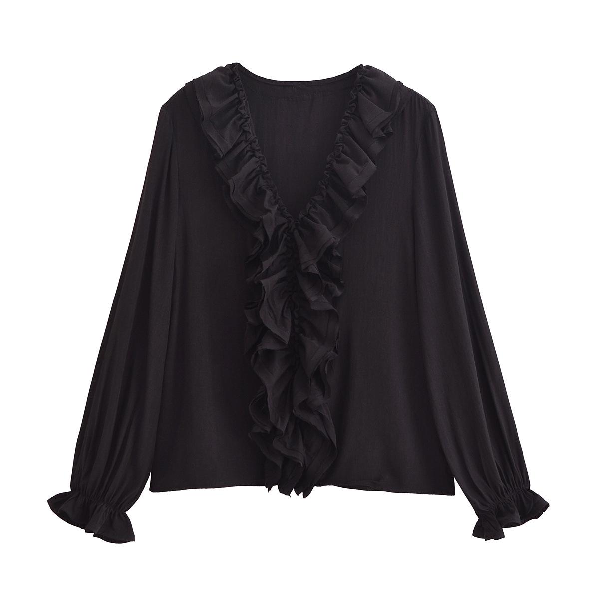 

Женская зимняя мода 2024 года, рубашка с V-образным вырезом и длинными рукавами Small чёрный