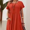 Plus Size Womens Summer Dress Cotton Linen Short Sleeve Round Neck Solid Color Pleated Pocket S-5XL