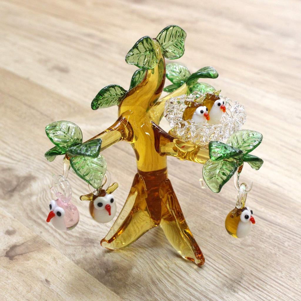 Fourcart Cute Handmade Glass Craft [Owl Nest Tree] X 3-Piece Set