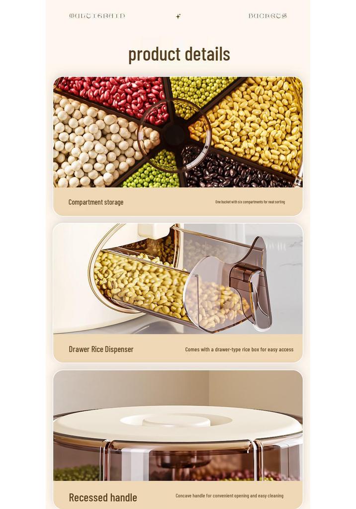 Rotating Grain Storage Box: Insect- and Moisture-Proof Sealed Rice Container with Dividers.