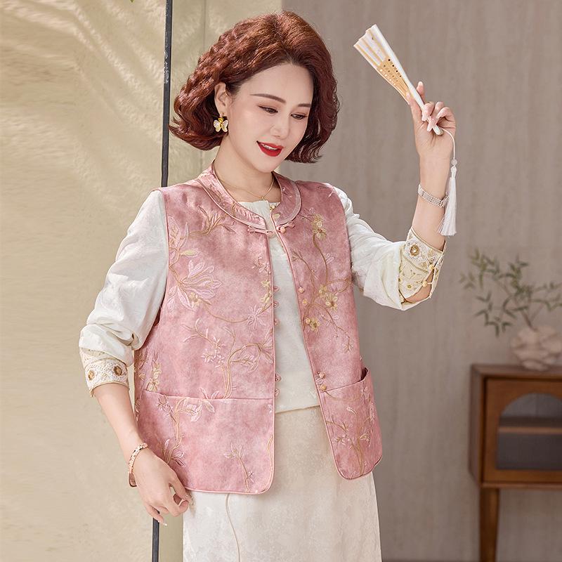 2026 Chinese National Style Spring Vest for Middle-aged Women - Elegant Spring/Autumn Waistcoat 2XL (105-120 lbs)