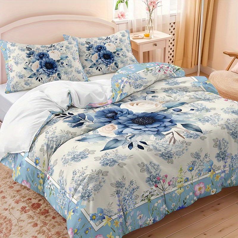 Set di 3 Copripiumini Blu Floreali ad Acquerello Set Copripiumino Romantico con Bouquet Set Copripiumino Floreale Tematico Bohemian
