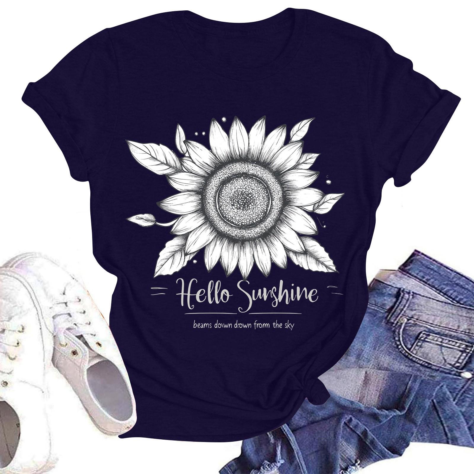 

Женская повседневная модная уличная футболка с коротким рукавом и принтом подсолнухов S тёмно-синий
