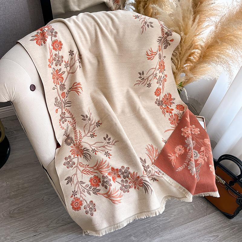 

Autumn And Winter Elegant Floral Scarf for Ladies - Soft Faux Cashmere, Warm And Comfortable Magnolia Flower Fringed Shawl, Breathable And Windproof 185x65cm кавун червоний колір