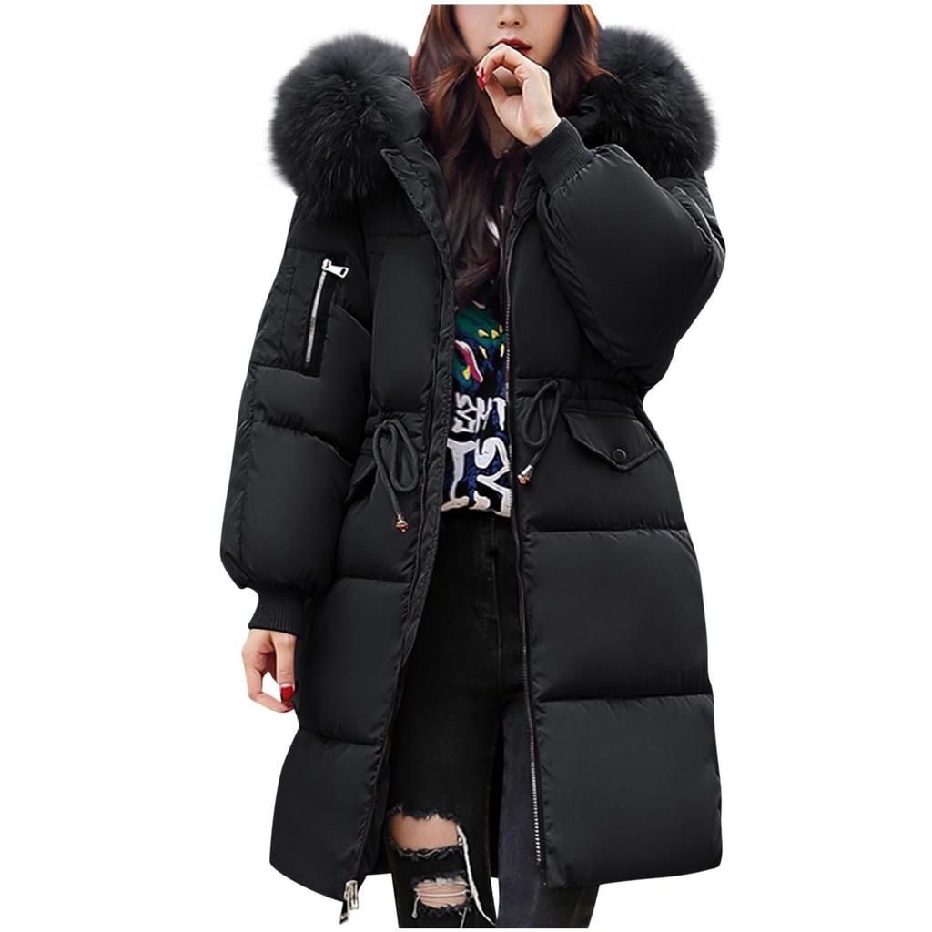 Down Jackets Women's Fluffy Hooded Neck Long Loose Parkas Coats Zip-Up High Quality Outdoor Thicken Female Warm Thermal Outwear