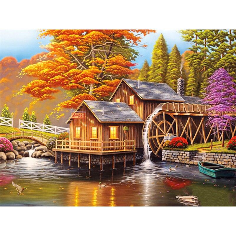 Pictură cu diamant 5D DIY, peisaj, casă, broderie cu diamant, peisaj, punct de cruce, burghiu rotund complet, decor cadou manual