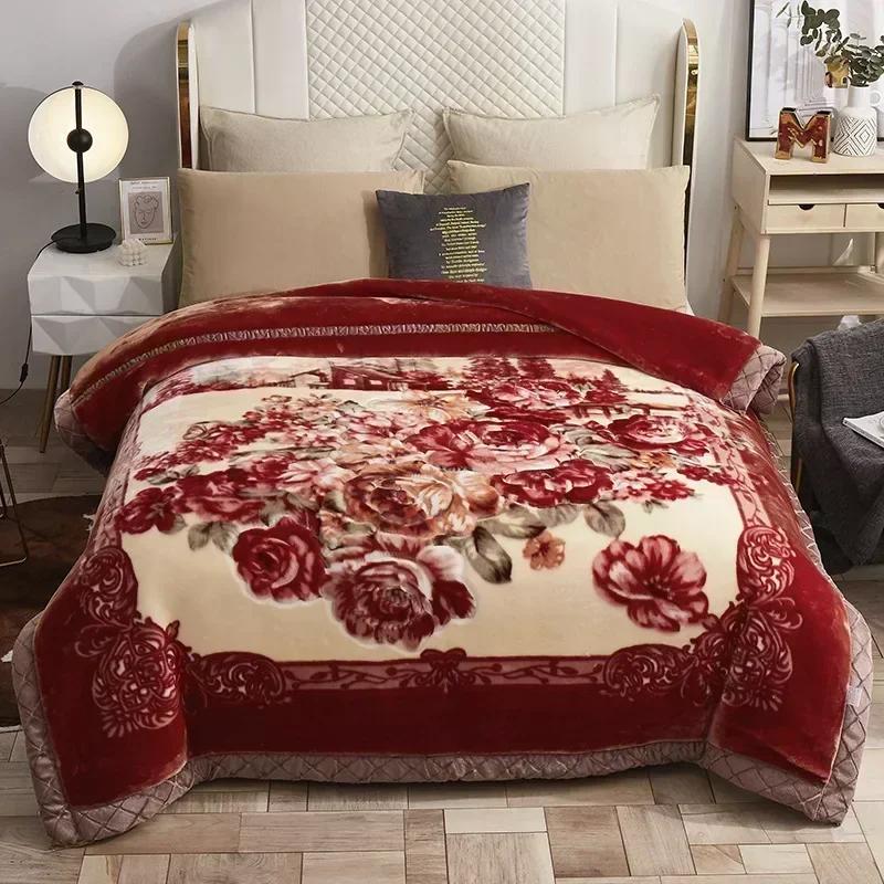 Luxury Heavy Double Layer Raschel Blanket Thickened Warm Plush Winter Blankets for Bed Vintage Floral Soft Weighted Comforter