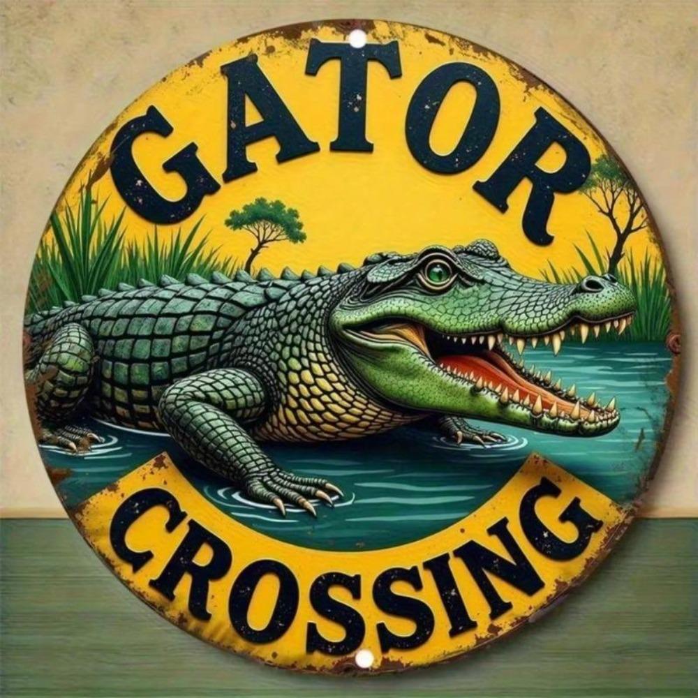 Metal Alligator Crossing Sign Wall Art Outdoor Indoor Decor Weather Resistant Holiday Gift