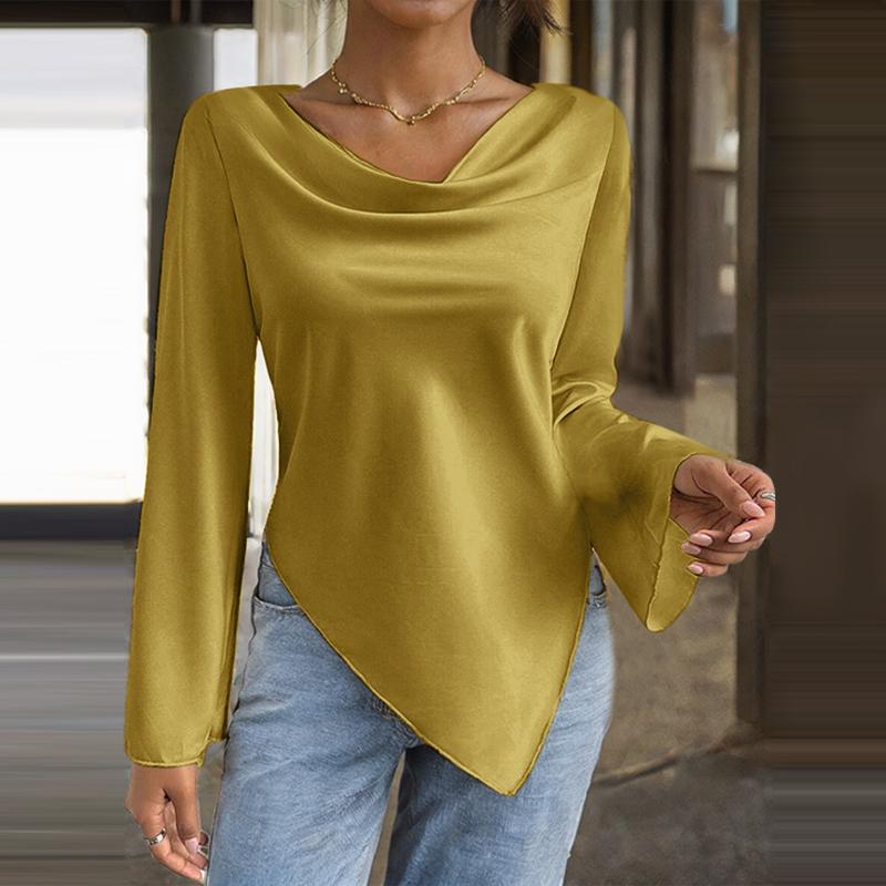 ZANZEA Dámské vintage saténové halenky s dlouhým rukávem a klopou a nepravidelným lemem