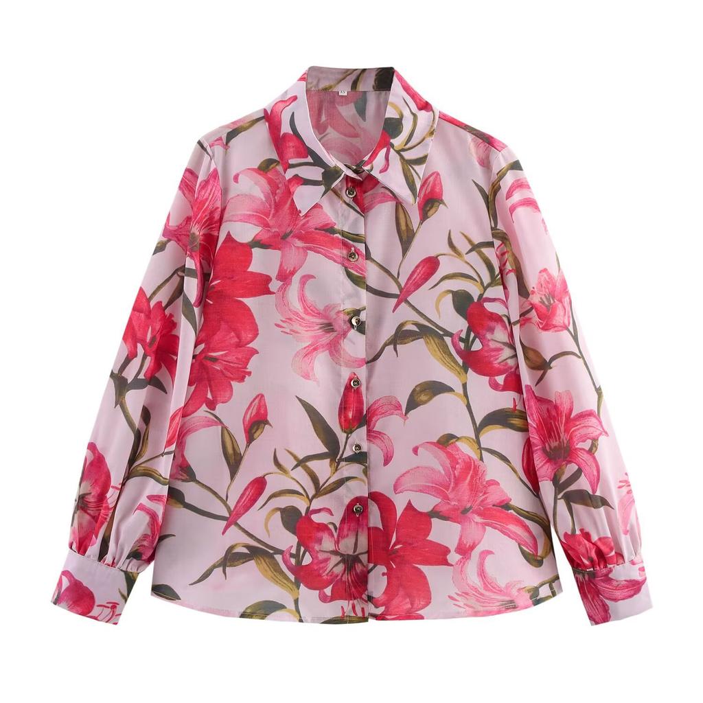European and American Women's Clothing 1116 Summer Retro Flower Printing Lapel All-match Cardigan Long-sleeved Shirt Top Women