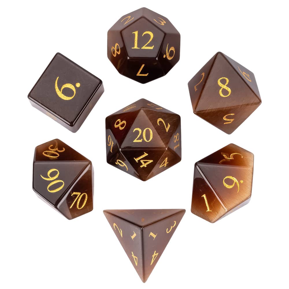 Cusdie Cat's Eye Stone DND Dice Handmade D4-D20 Polyhedral Gemstone Dice Set with Leather Box for Tabletop RPG Collection