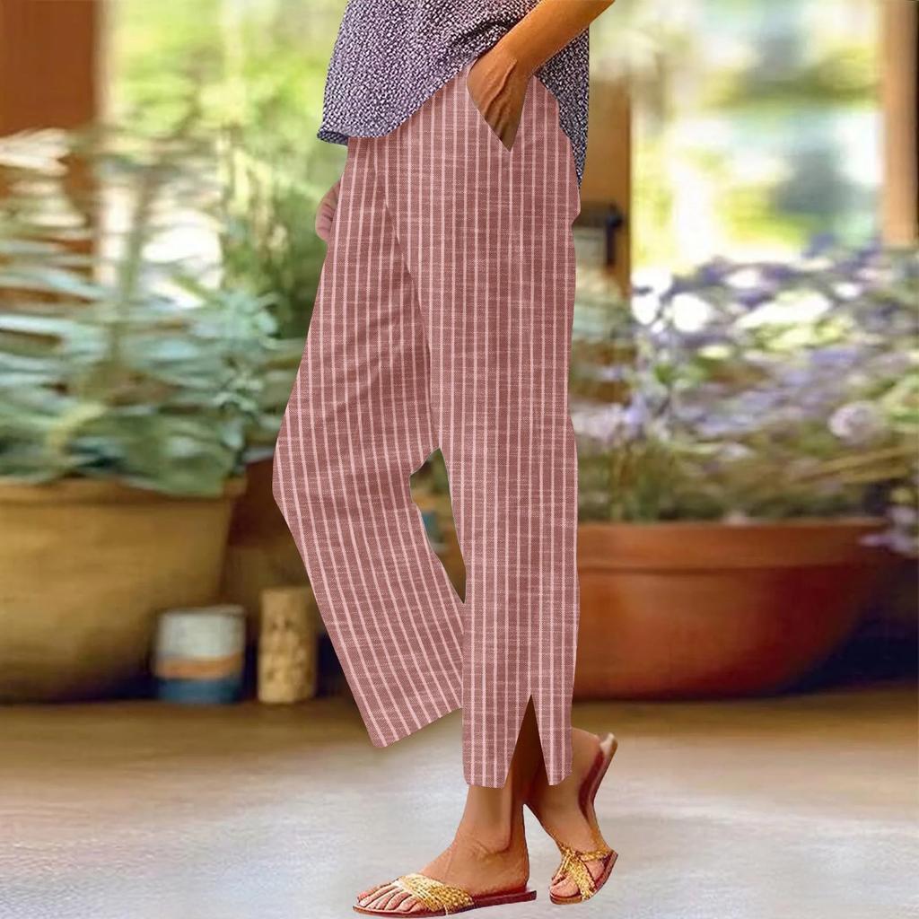 Pantalon Casual Rayé Tendance pour Femme, Lâche, Taille Élastique Confortable, Coupe Droite, Coton et Lin