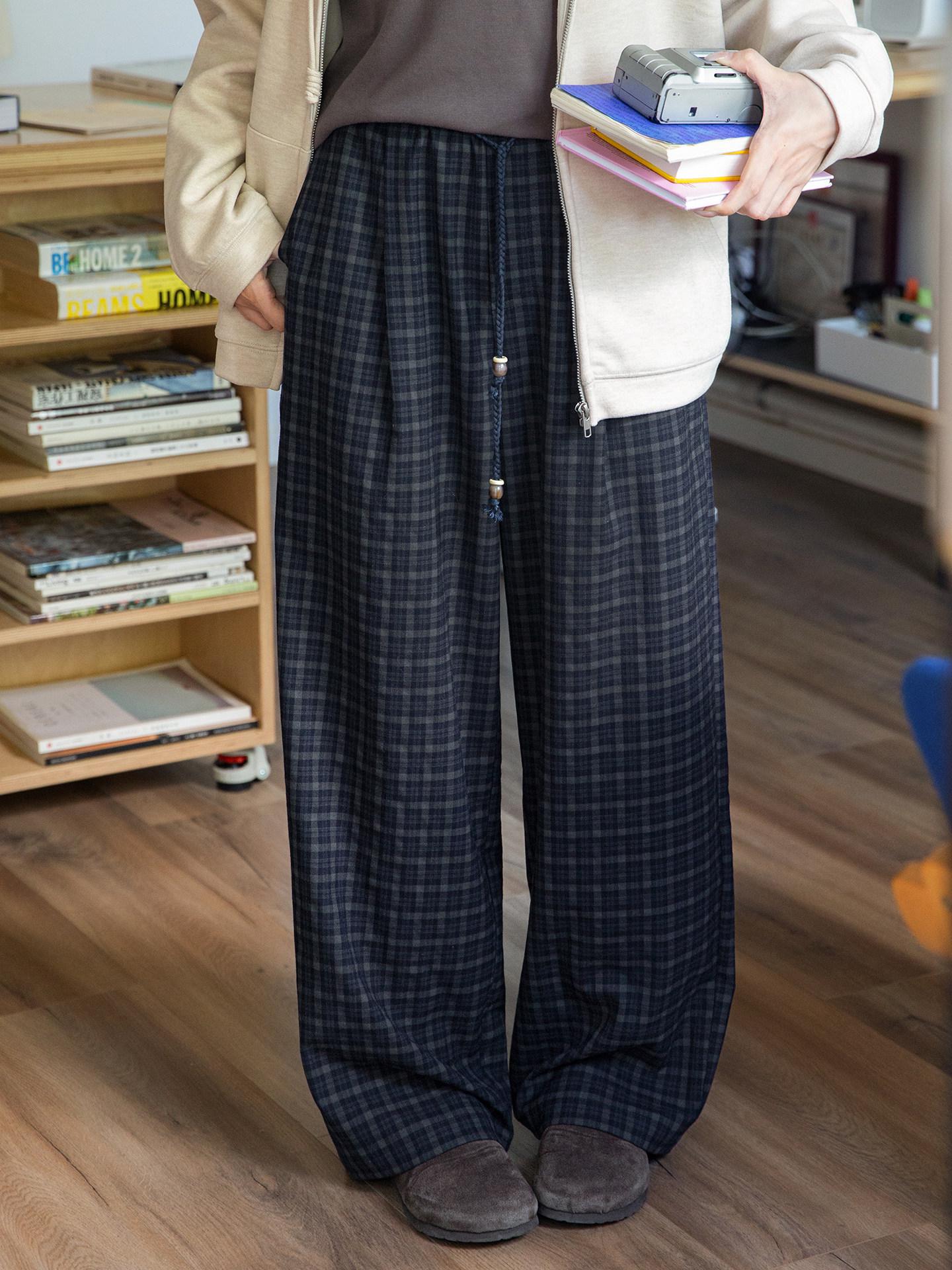 

Milk Rabbit Planet Handmade Plaid Elastic Waist Beaded Casual Women s Pants - Autumn Loose Straight Leg S