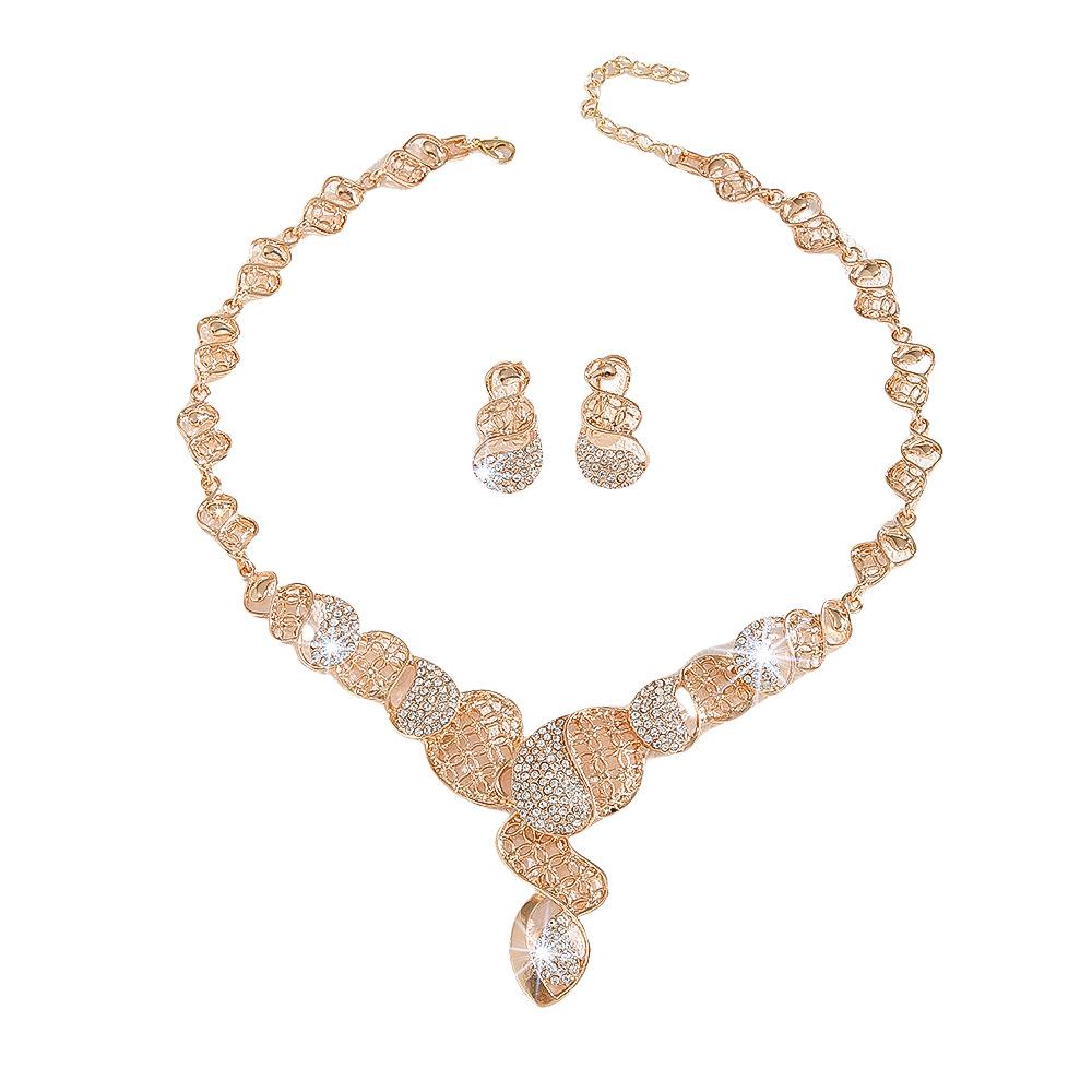 Gold Zinc Alloy Inlaid White Rhinestone Hollow Necklace Earrings Set Women's Jewelry