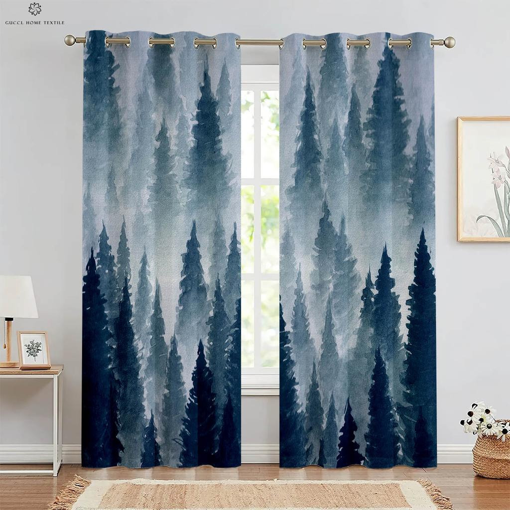 Misty Forest Green Autumn Woods 3D Printed Curtains, Suitable for Bedroom, Living Room, Study, Kitchen, 2 Pieces