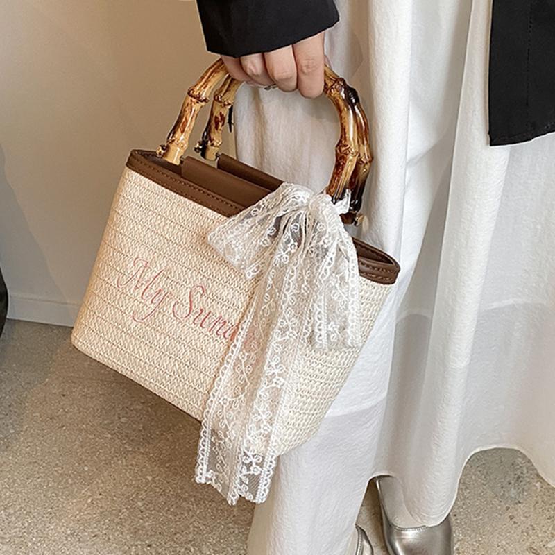 Umhängetasche aus natürlichem Stroh mit Holzgriff für Damen, Strandtasche, Urlaubsreisetasche