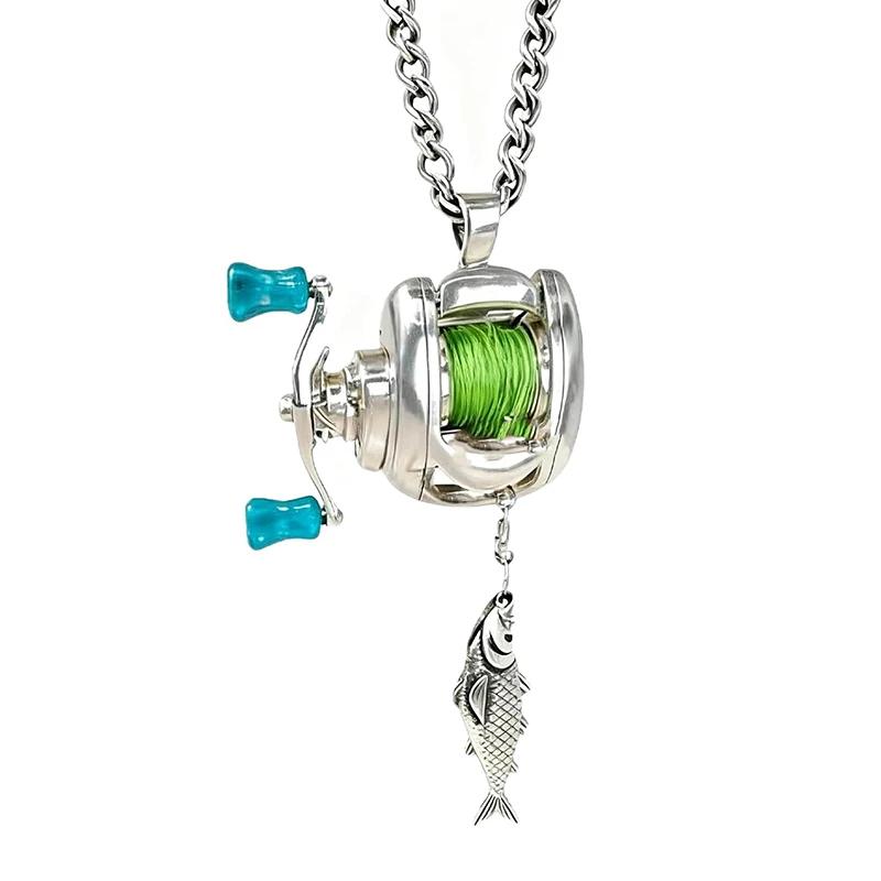 Men Women Mini Fishing Reel Jewelry Set Line Wheel Pendant Necklace Fashion Sporty Outdoor Fishing Jewelry Gift for Anglers