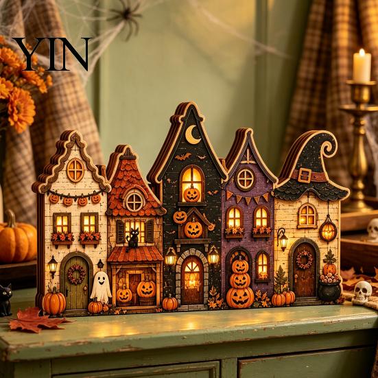 Rustikální podzimní středové dekorace stolu Halloween Retro strašidelná vesnice Dřevěná dekorace na stolní desku, Podzimní statek Čarodějnice Americký venkovský styl Figurky