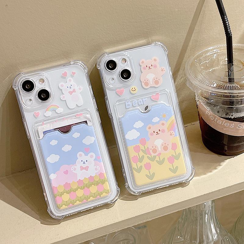 Zhitai Garden Bear Phone Case for iPhone 678 Plus, 14, 15, and 16 with Card Holder