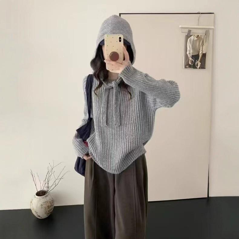 Women's Korean Style Hooded Knit Sweater - Loose, Versatile, Autumn/Winter Pullover