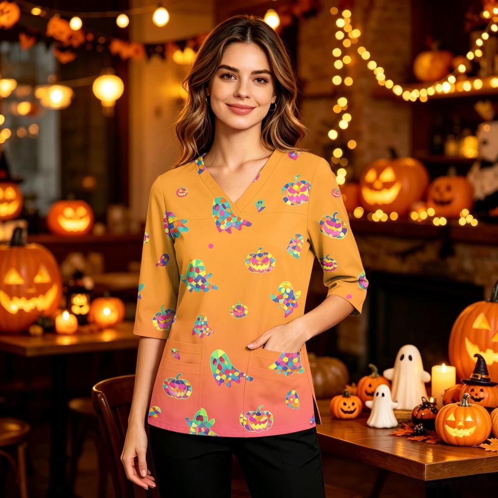 Women's Halloween Costume V-Neck with Pocket Side Slit 3/4 Sleeve Top