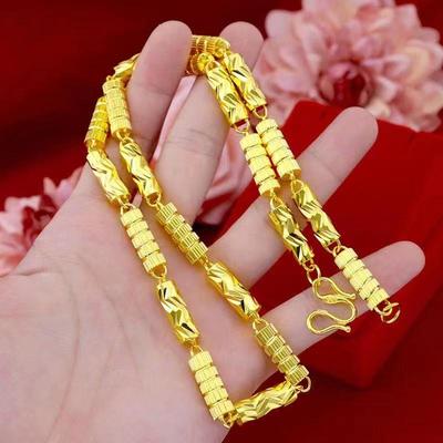 Collana esagonale in bambù color oro sabbia del Vietnam per uomo, placcata oro in ottone, design floreale intagliato, regolabile.
