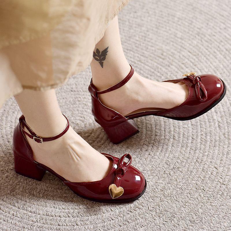Mary Jane Women's Red Small Leather Shoes Summer New High-heeled Women's Shoes French Retro Round Head Thick Heel Four-season Wedding Shoes
