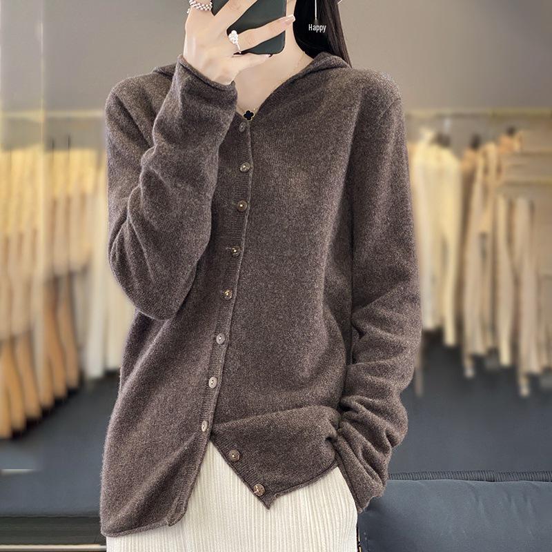 Women's Fashionable Pure Wool Cashmere Hoodie Cardigan - Autumn/Winter Knitwear Long Sleeve Loose Sweater.