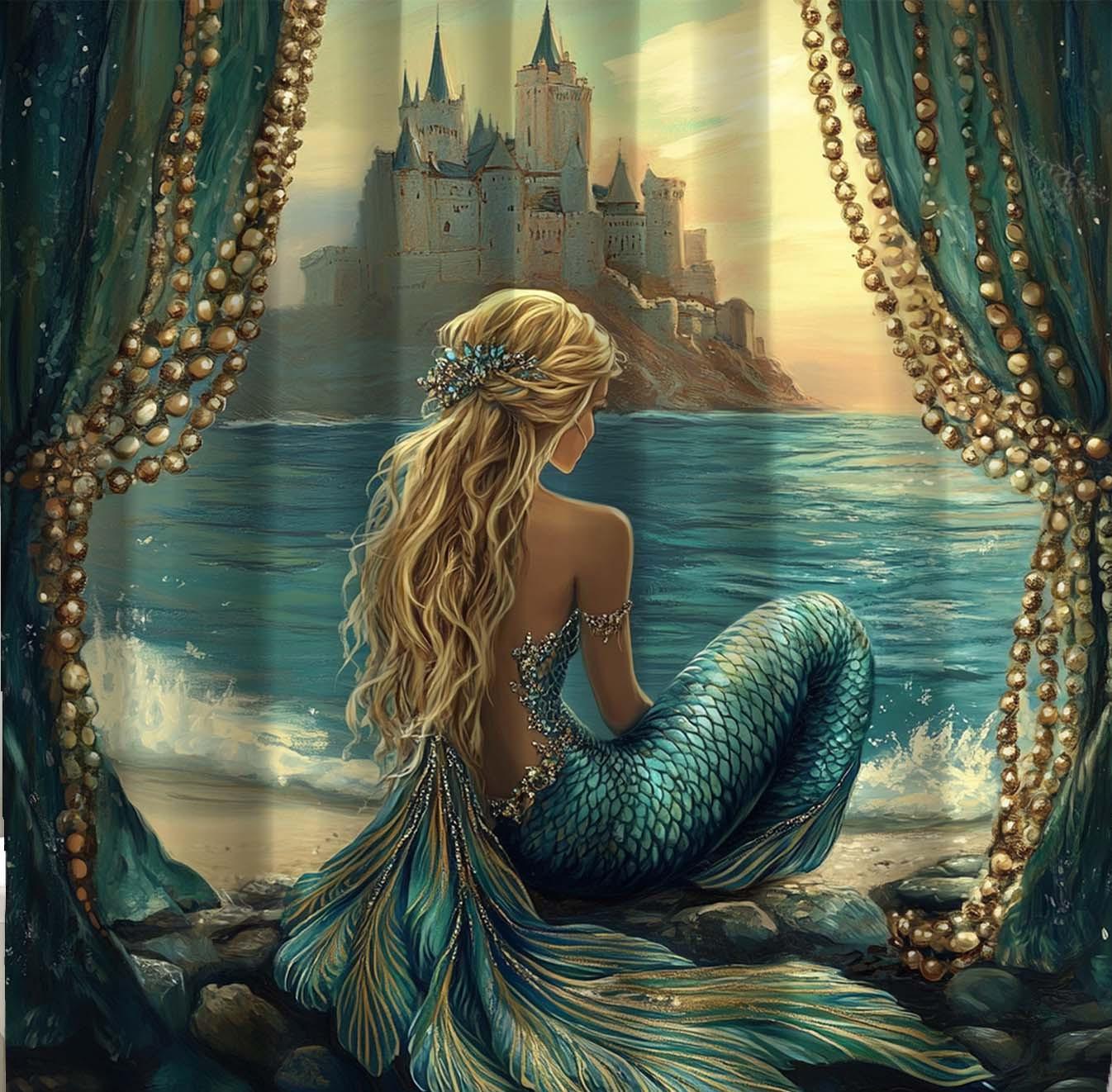 

Magical Mermaid and Castle Waterproof Shower Curtain - Enchanting Ocean Scene, High-Quality Fabric, Durable and Stylish W90XH180cm