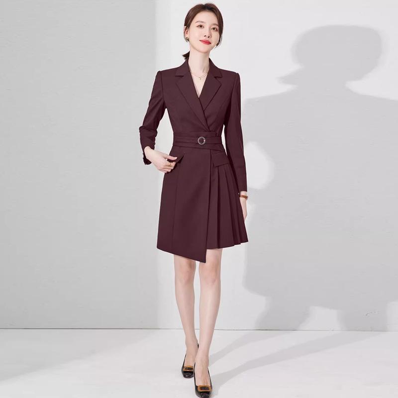 

Spring & Autumn Professional Red Pleated Tie-Waist Mid-Length Women s Dress Medium
