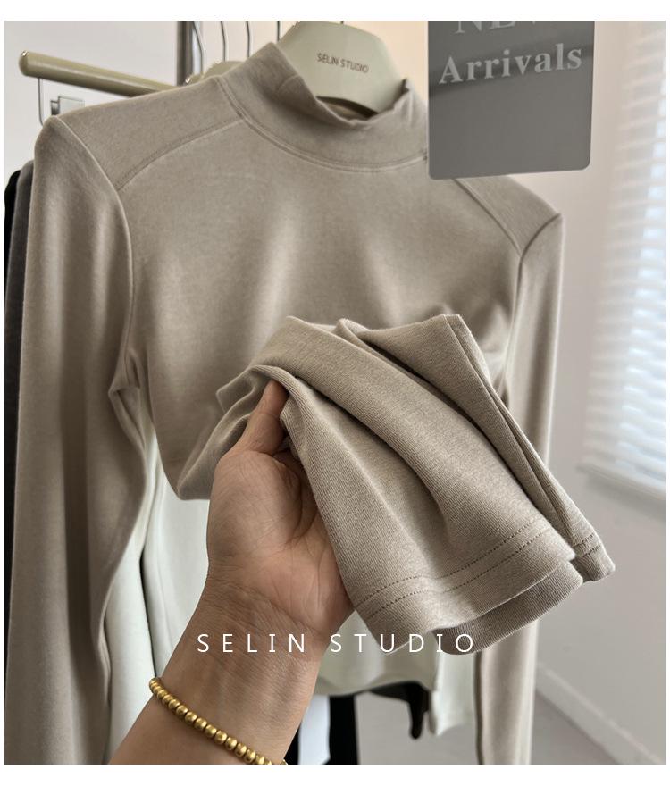 Korean-Style Double-Sided Oreo Fleece Half-Turtleneck Warm Base Layer Top for Women - Long-Sleeve Winter T-Shirt