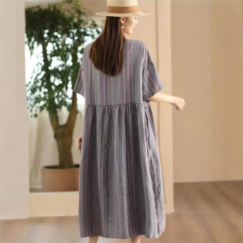 Johnature Women Vintage Striped Dress O-Neck Short Sleeve Robes Summer High Waist Women A-Line Dress